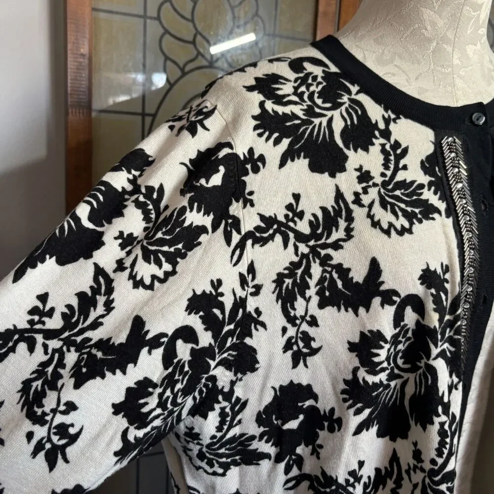 Marled Sequin Trim Front Button Up Cardigan Sweater Old Money Chic Plus Size 2X